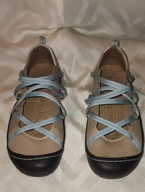 J-41 Beige Flats with Light Blue Crisscross Straps